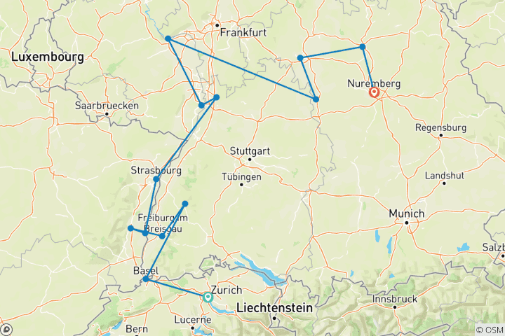 Map of Christmastime from Basel to Nuremberg