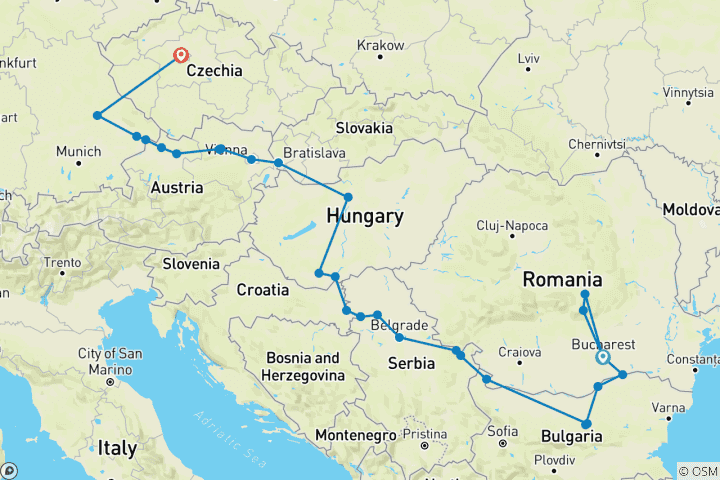 Carte du circuit Le Danube de la Roumanie à l'Allemagne avec 1 nuit à Bucarest, 2 nuits en Transylvanie et 2 nuits à Prague