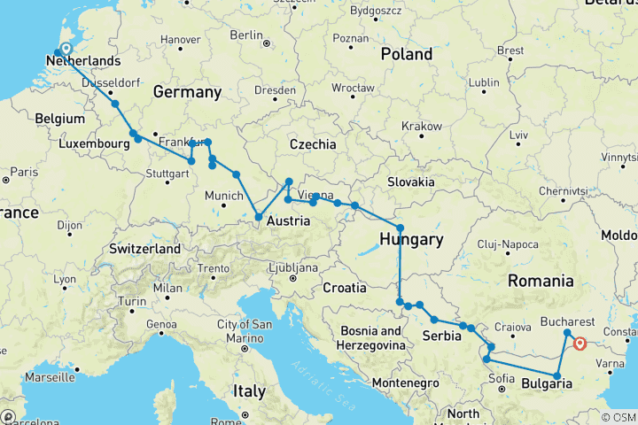 Kaart van Iconische rivieren van Europa - de Rijn, Main & Donau met 1 nacht in Boekarest 2026