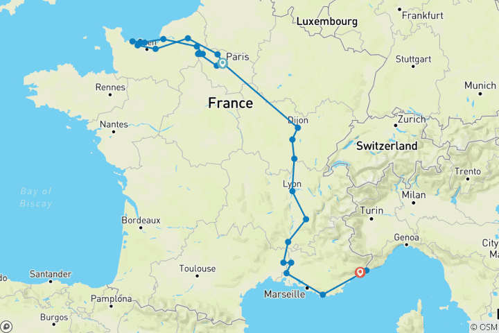 Carte du circuit Grand France avec 2 nuits sur la Côte d'Azur (vers le sud) 2026