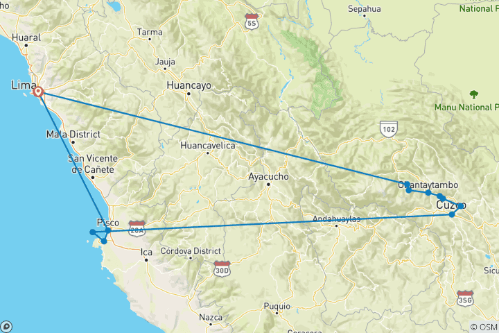 Carte du circuit De l'empire inca à l'Amazonie péruvienne avec les lignes de Nazca