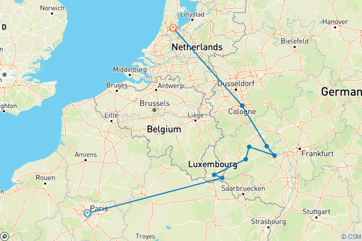 Kaart van Rijn & Moezel: kanalen, wijngaarden en kastelen met 2 nachten in Parijs 2026