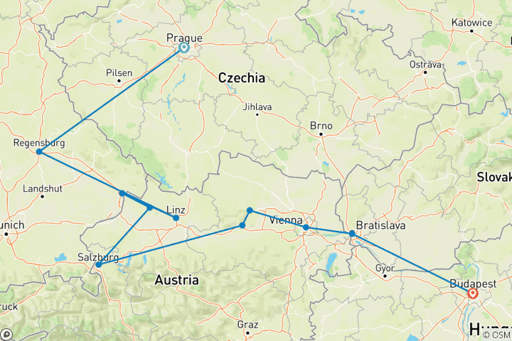 Karte von Donauträume für Musikliebhaber mit Prag (ostgehend)