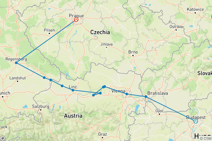 Carte du circuit Danube Dreams avec 2 nuits à Prague pour les amateurs de vin ( vers l'ouest) 2026