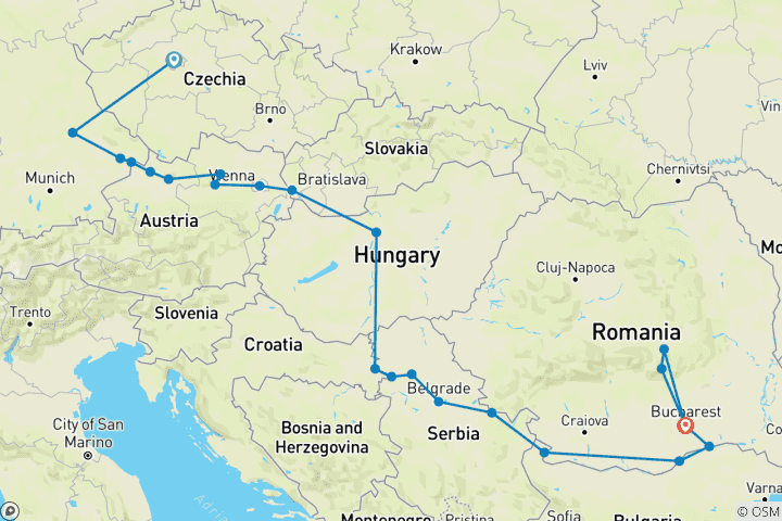 Carte du circuit Le Danube de l'Allemagne à la Roumanie avec 2 nuits à Prague, 1 nuit à Bucarest et 2 nuits en Transylvanie - 2026