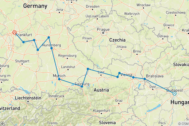 Carte du circuit Noël de Budapest à Francfort avec 2 nuits à Budapest