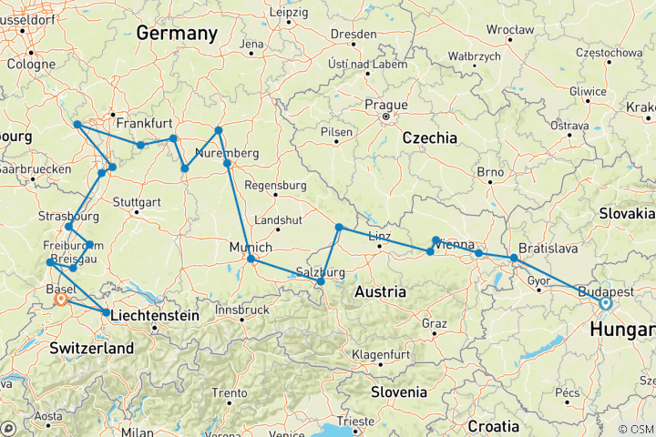 Map of Christmastime from Budapest to Basel with 2 Nights in Budapest