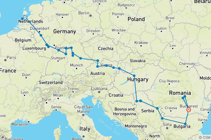 Karte von Ikonische Flüsse Europas - der Rhein, der Main und die Donau mit 1 Nacht in Bukarest und 2 Nächten in Transsylvanien 2026