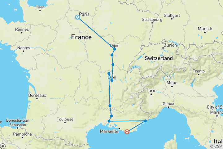 Kaart van Bourgogne & Provence met 2 nachten in Parijs & 2 nachten in Franse Rivièra voor wijnliefhebbers (Southbound) 2026