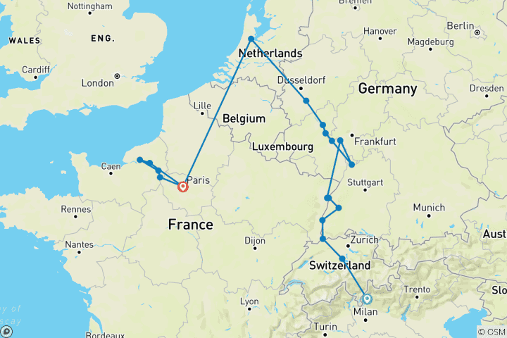 Map of Timeless Rivers of Europe: the Rhine and Seine with Swiss Alps, 3 Nights in Lake Como & 1 Night in Lucerne WWII Remembrance & History Cruise