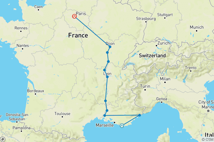 Map of Burgundy & Provence with 2 Nights in French Riviera & 2 Nights in Paris for Wine Lovers (Northbound) 2026