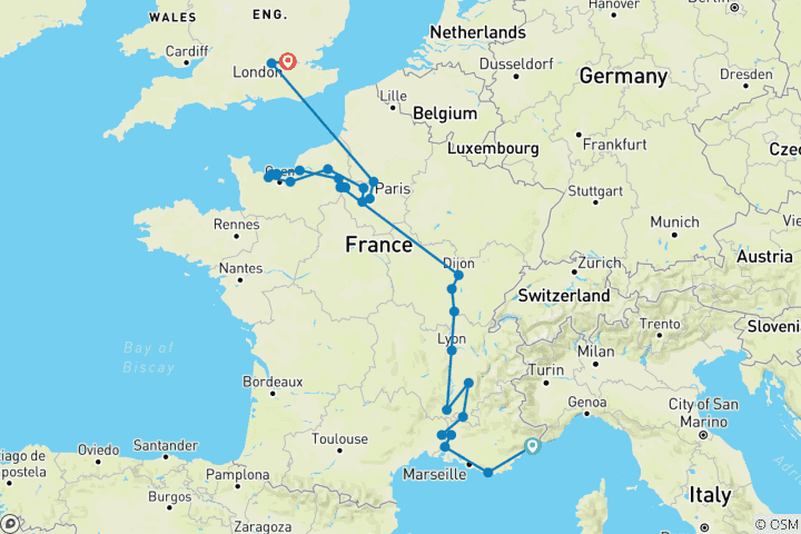 Mapa de Gran Francia con 2 noches en la Costa Azul y 3 noches en Londres (en dirección norte) 2026