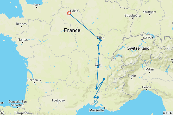 Map of Burgundy & Provence with 2 Nights in Paris (Northbound)