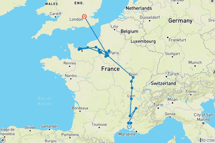 Map of A Culinary Experience in Grand France with 3 Nights in London (Northbound) 2026