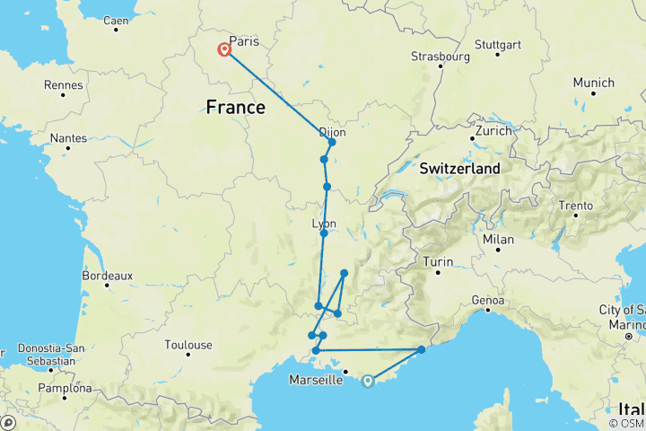 Map of Burgundy & Provence with 2 Nights in French Riviera & 2 Nights in Paris (Northbound) 2026