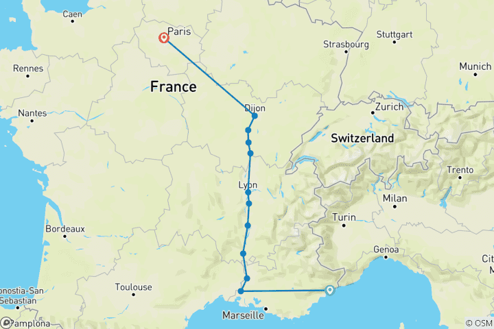 Carte du circuit Bourgogne et Provence avec 2 nuits sur la Côte d'Azur et 2 nuits à Paris pour les amateurs de jazz (vers le nord) 2026