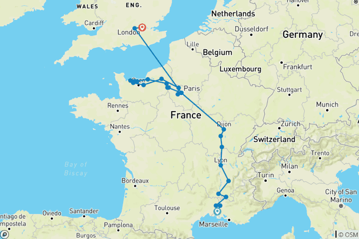 Carte du circuit Grand France avec 3 nuits à Londres Croisière du souvenir et de l'histoire de la Seconde Guerre mondiale (vers le nord) (28 destinations)