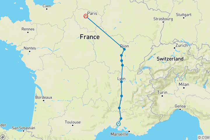 Carte du circuit Une expérience culinaire en Bourgogne et en Provence avec 2 nuits à Paris (vers le nord) 2026