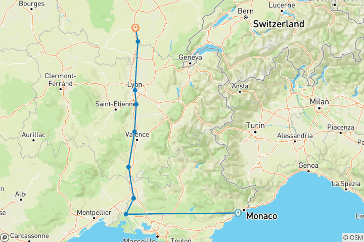 Carte du circuit Bourgogne et Provence avec 2 nuits sur la Côte d'Azur pour les amateurs de jazz (vers le nord) 2026
