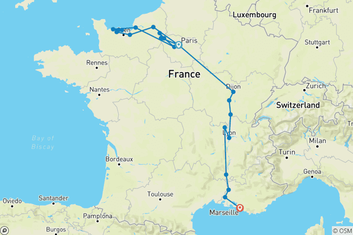 Carte du circuit La Grande France pour les amateurs de vin (vers le sud)