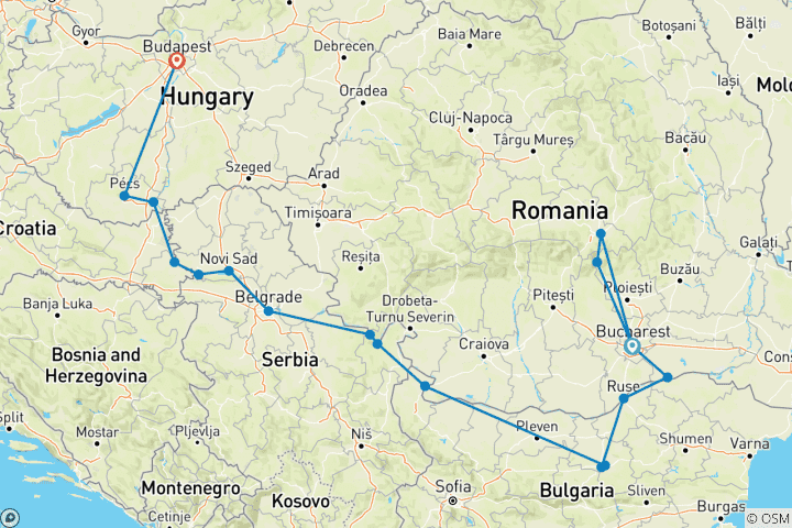 Map of The Danube from Romania to Budapest with 1 Night in Bucharest and 2 Nights in Transylvania