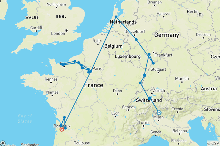 Karte von Weinberge, Schlösser & Bordeaux mit Schweizer Alpen, 3 Übernachtungen am Comer See & 1 Übernachtung in Luzern