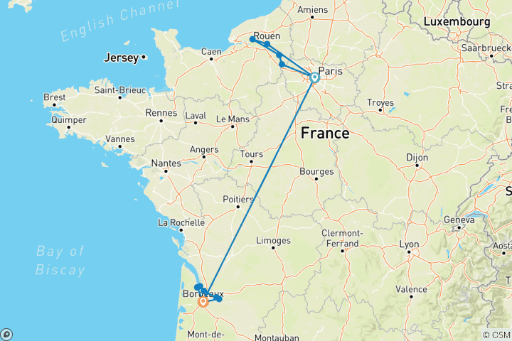 Carte du circuit Chef-d'œuvre français : Paris, Normandie et Bordeaux Croisière historique et commémorative de la Seconde Guerre mondiale