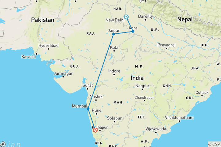 Carte du circuit Explorez le Triangle d'Or avec Mumbai et Goa