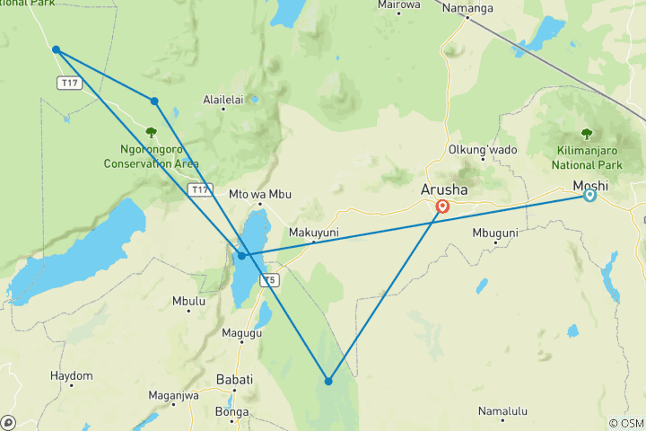 Mapa de Safari a Manyara, Serengeti, Ngorongoro y Tarangire