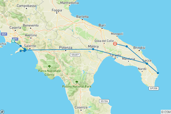Carte du circuit Italie : Côte amalfitaine et Pouilles (de Naples à Alberobello) (2025)