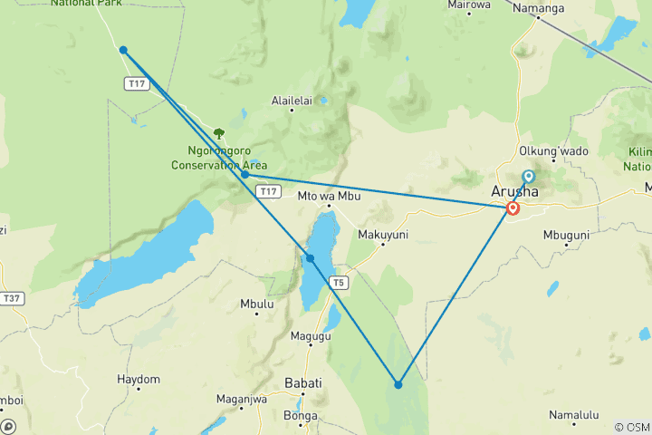 Mapa de Safari asequible por el norte de Tanzania