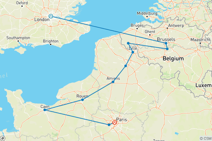 Map of Battlefields of WWI & WWII (Classic Group, 11 Days, DEP Chargeable Transfer Hotel To Paris Airport)