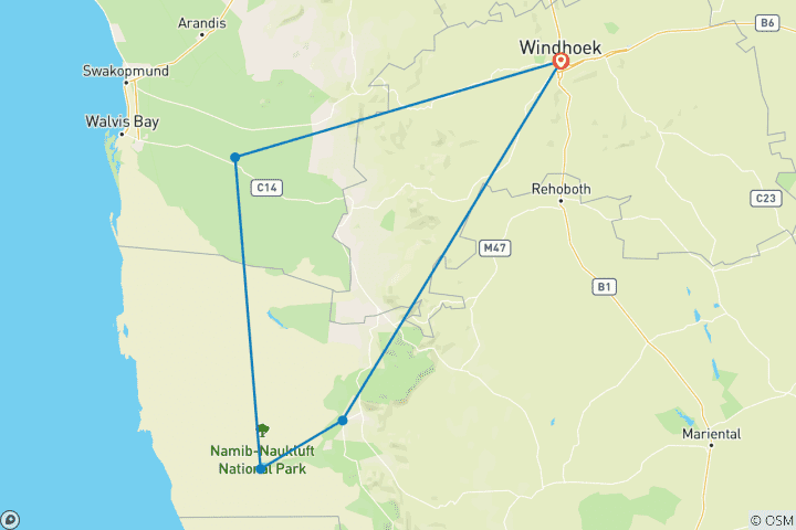 Map of 3-Day Namib Desert & Sossusvlei Safari Adventure