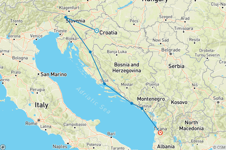 Carte du circuit QUATRE PAYS ADRIATIQUES : DE ZAGREB À TIRANA