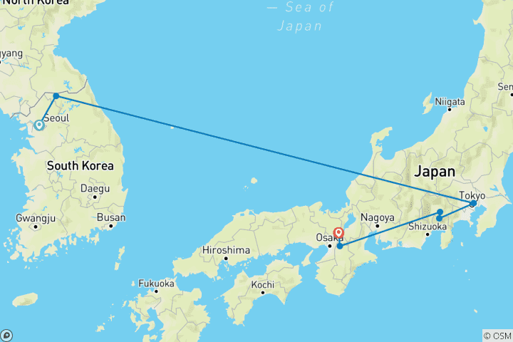 Karte von 11 Tage Highlights von Südkorea & Japan Tour Paket