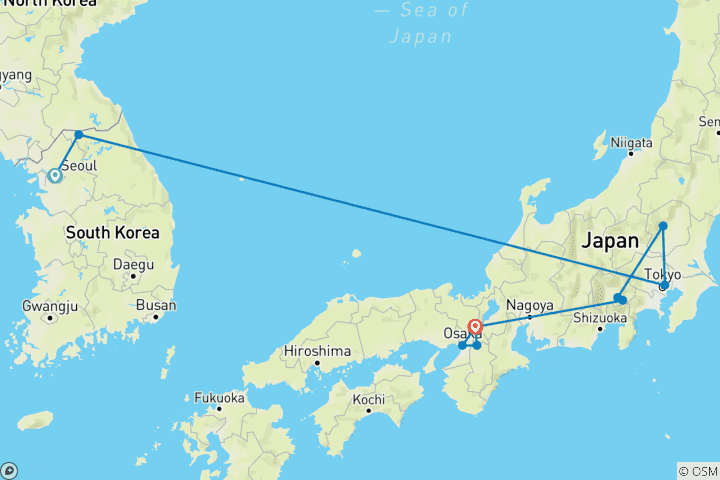 Map of 14 Day Highlights of South Korea & Japan Tour Package