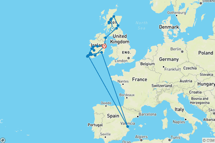 Kaart van De smaak van Schotland & Ierland - 11 dagen (van Glasgow naar Dublin)