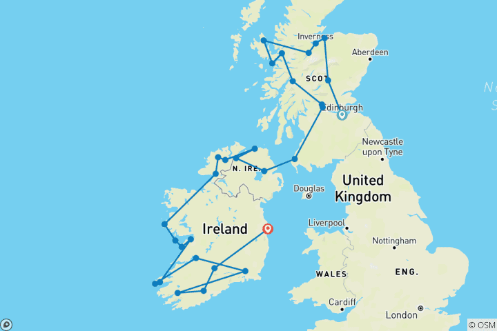 Map of Scots Irish Tour - 15 Days/14 Nights