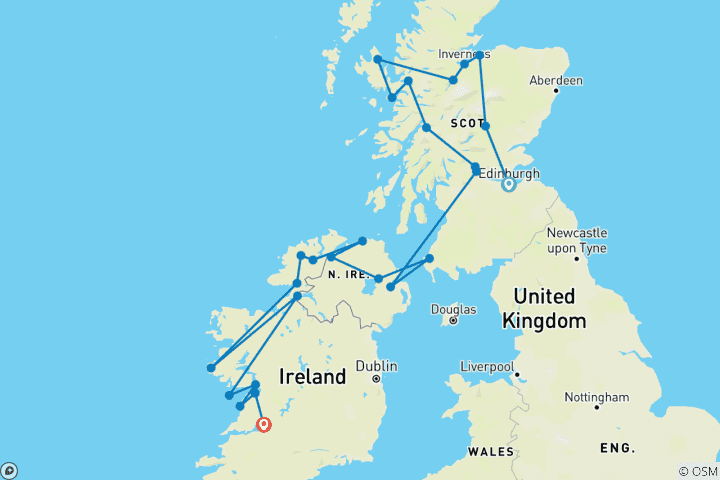 Map of Scots Irish Tour - 11 Days/10 Nights