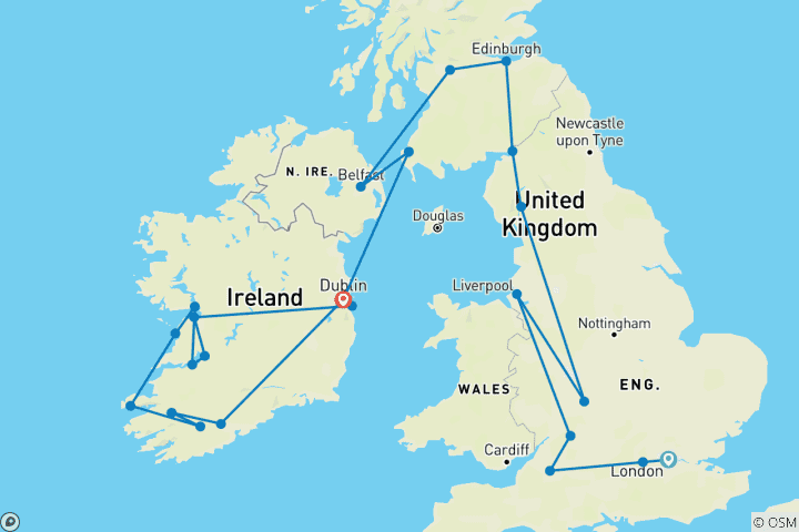 Carte du circuit Goût de la Grande-Bretagne et de l'Irlande - 14 jours/13 nuits