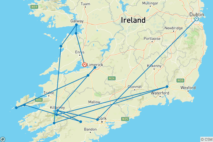 Map of Best of Ireland South (Tour D) - 6 Days/5 Nights