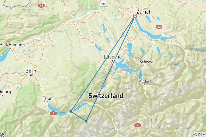 Map of Switzerland in 5 days (Stay in Zurich and Interlaken, covering Grindelwald first and Glacier canyon)