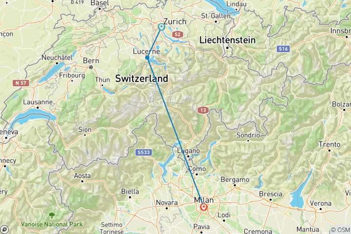 Map of Switzerland and Italy Adventure (Covering Zurich, Lucerne and Milan)