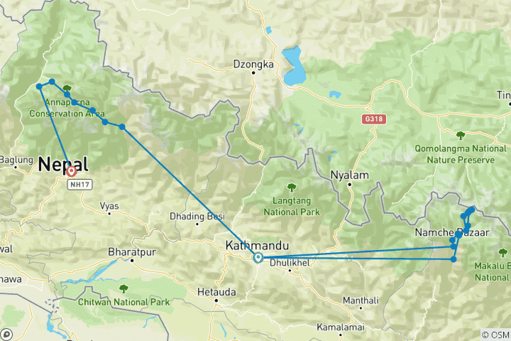 Map of Everest Base Camp & Annapurna Circuit Trek (21 destinations)