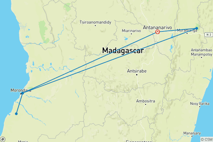 Map of Journey Through Madagascar Exploring Antananarivo to Andasibe 7 Days/6 Nights (Comfort)