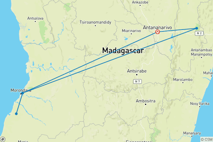 Mapa de Viaje por Madagascar Explorando de Antananarivo a Andasibe 7 Días/6 Noches (Confort)