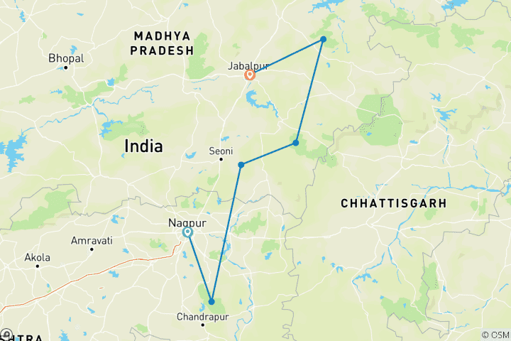 Mapa de Gran Recorrido Safari de Tigres: Explorando Tadoba, Pench, Kanha y Bandhavgarh
