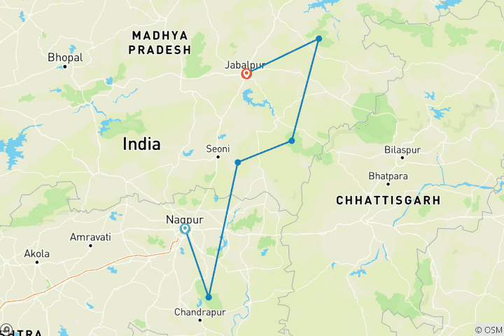 Carte du circuit Grand tour du safari des tigres : Explorer Tadoba, Pench, Kanha et Bandhavgarh