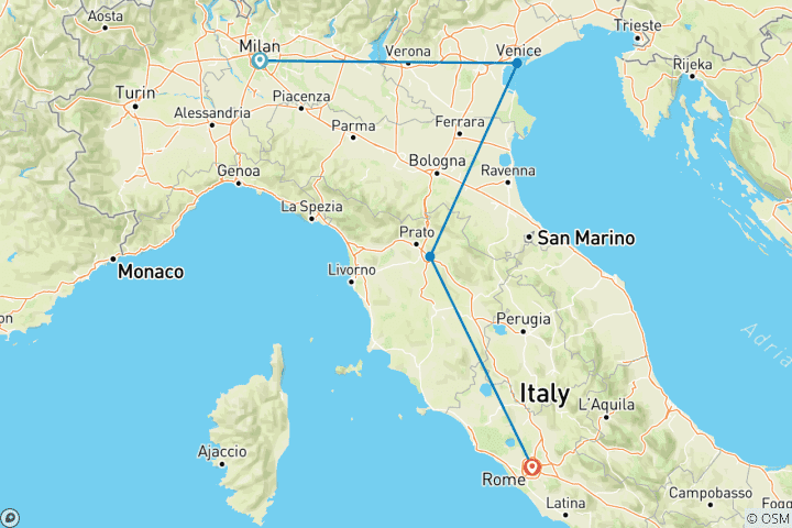 Map of Italy in 9 days, Covering Milan, Venice, Florence and Rome