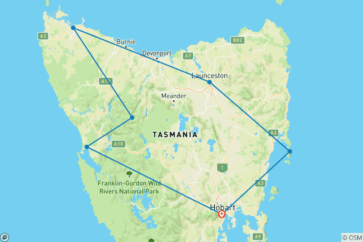 Map of Ultimate Tasmania 2024-2025 - 13 Days